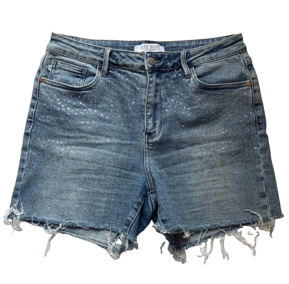Judy Blue High Waist Rhinestone Cut Off Denim Shorts Womens 31 Embellished